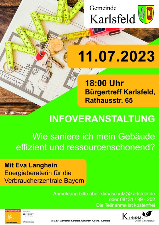 Plakat zur Infoveranstaltung Wie saniere ich mein Gebäude effizient und ressourcenschonend? am 11.07.2023