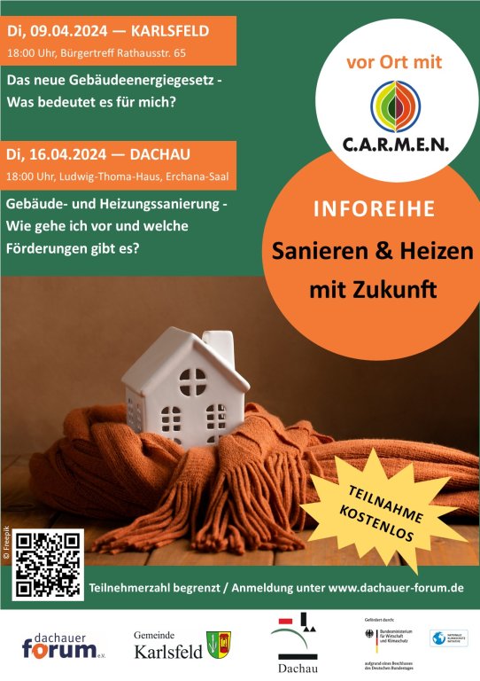 Plakat Inforeihe Sanieren und Heizen mit Zukunft am 09.04. und 16.04.24
